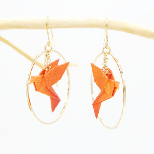 Creole earrings with origami bird