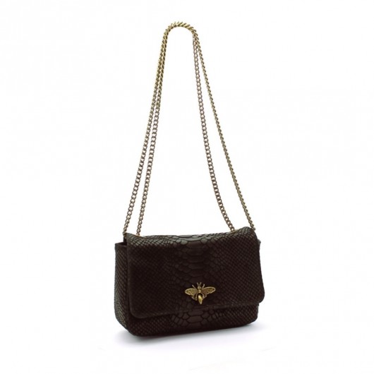 Pressed leather bag with snake motif in uniform color and metal chain with bee clasp